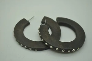 Bohemian style black color Wood cuff Hoop with silver ball fashion Earrings #1 - Picture 1 of 5