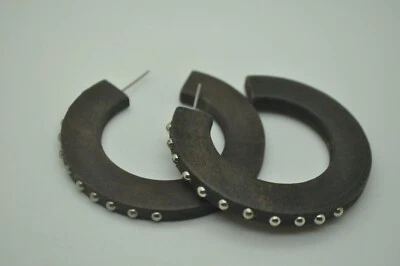 E001 Bohemian style dark brown color Wood cuff Hoop silver ball fashion Earrings - Image 1 of 4