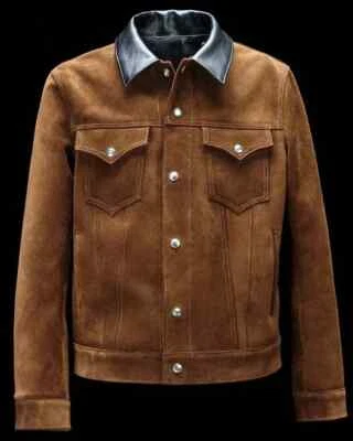 Men's Genuine Suede Leather Brown Trucker Jacket Western Style Button Up Shirt - Image 1 of 4