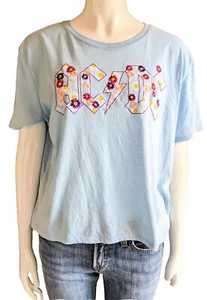 New AC/DC Rock Band Embroidered Crop Top Shirt Sz Jrs XL (15-17 ) Blue Floral - Picture 1 of 4