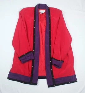 Abrigo De Colección Diane Gilman Frente Abierto Grande 100% Seda Rojo Púrpura Contraste Gamuza Borde - Imagen 1 de 9