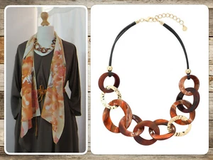 BNWT, LAGENLOOK, STATEMENT, ORANGE, BROWN & GOLD, RESIN LINK, NECKLACE (RRP £25) - Picture 1 of 12