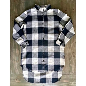 NEW Navy Blue Checkered Collared Button Longsleeve High Low Tunic Womens Size M - Picture 1 of 9