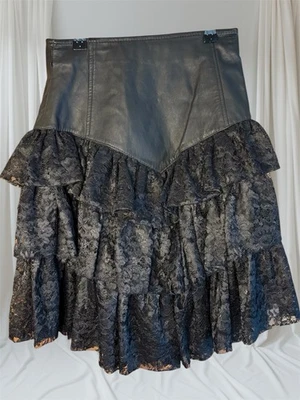 VTG 80’s Wilson’s leather Chia black LEATHER & LACE tiered RUFFLE SKIRT  W-24” - Image 1 of 4