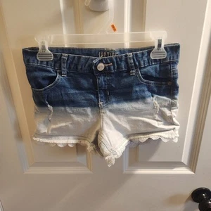 Justice Girls Denim Blue Jean Shorts Blue/White w Lace Trim Hem. Distressed 16 - Picture 1 of 6
