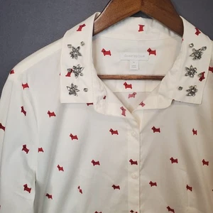 Blusa blanca con cuello adornado joya estampado perro Scotty roja talla 16 para mujer - Imagen 1 de 10