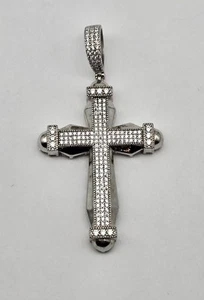 Sterling Silver Hip Hop Bling Cross Pendant w/ Micro Pave CZ Gemstones - 13.7g - Picture 1 of 5