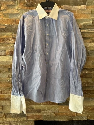Thomas Pink Shirt Mens 17.5” Collar French Cuff Blue Stripe Long Sleeve Slim Fit - Image 1 of 4