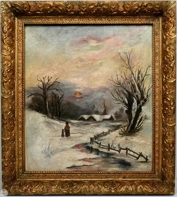 Antiguo Paisaje Original Enmarcado Principios del Siglo XX Óleo sobre Lienzo "Puesta de Sol de Invierno" Foto 1 de 4