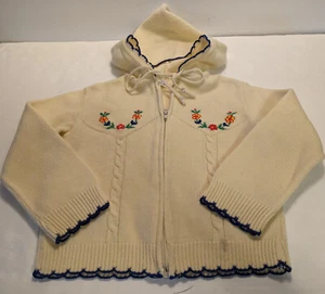 LITTLE ANGEL Hooded Childs Sweater Coat Cream with Embroidery Zip Front vintage - Picture 1 of 6