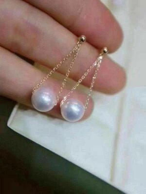 Moda AAA 8-9mm Real Natural Blanco Perla Akoya Redondo Pendientes Colgantes Oro 14k Foto 1 de 4