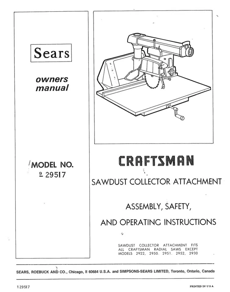 Craftsman 9-29517 1974 brazo radial sierra-colector de polvo instrucciones de fijación Foto 1 de 1