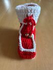 Homemade Red & White Crochet Santa Boot Candy Nuts Toys Christmas With Bells 6"