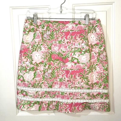 Key West женщин розовый зеленый лев Tiger животных печати хлопок стороны молнии юбка, размер 10 - Изображение 1 из 4