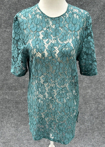 Camicia PRADA a maniche corte floreale in pizzo top tunica fessure laterali verde acqua IT 40 US 4