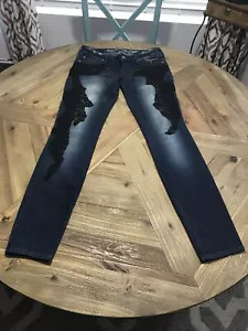 Express Jeans Ultra Skinny, Zelda-Slim Fit-Ultra Low Rise Size 2 W Black Lace - Picture 1 of 12