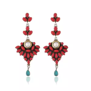 Natural Coral And Pearl Studded Silver Danglers Earrings For Women Wedding Item - Picture 1 of 3