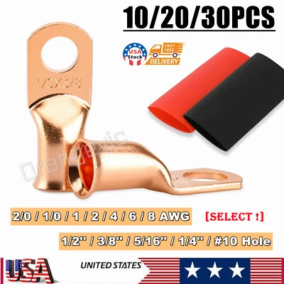 10/30Pcs Bare Copper Battery Lugs 1/0 - 8AWG Cable Ring Terminal Wire Connectors - Image 1 of 4