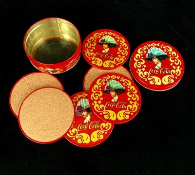 6 Vintage Coca Cola 3.5 in Coasters in Tin Gibson Girl Bright Red Cork Backs - Image 1 of 4