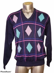 VINTAGE LYLE & SCOTT ARGYLE MEN V-NECK BLUE SWEATER COTTON SIZE LARGE - Picture 1 of 6