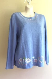 Soft Girl Alfred Dunner Womens M Blue Sweater Floral Embroidered Cotton Blend LS - Picture 1 of 9