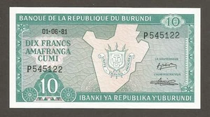 Burundi 10 Francs 1981; UNC; P-33a; BNB-B214a; Map - Picture 1 of 2
