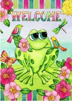 BANDERA DE PORCHE RANA FLOTANTE BIENVENIDA 28" X 40" 26-3361-110 ¡ABALA! LLUVIA O SOL Foto 1 de 2