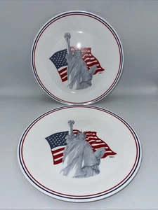 Vtg 1991 Corelle Corning Statue Of Liberty Dinner Plate 10.25” Flag Set of 2 - Picture 1 of 5