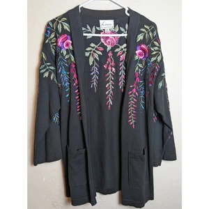 Linea Louis Dell' Olio Black Cardigan Sweater Medium Floral Embroidery Pockets - Picture 1 of 5