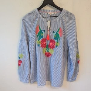 Boden Women's Marla White Blue Stripe Embroidered Top Flower Bird Size 6 - Picture 1 of 7