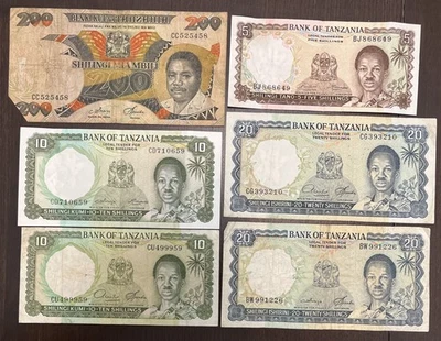 Billete de 6 chelines Tanzania 1966 5 10 20 chelines presidente Neyrere y 1986 200 chelines Foto 1 de 2