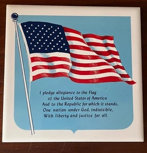 Vintage US Flag Trivet Tile Hand Decorated Screen Craft Pledge of Allegiance 6x6 - Picture 1 of 2