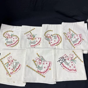 Vintage Hand Embroidered Tea Dish Towel 36” x 40” Day Of The Week Sunbonnet - Picture 1 of 10