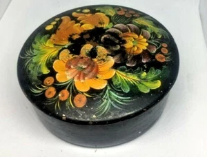 Antique Vintage Detailed wooden Jewelry Round Box Hand Painted Russian Folk ART - Picture 1 of 12