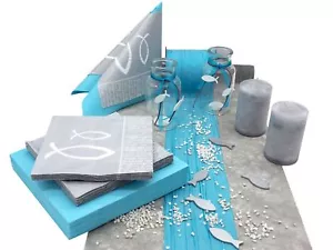 Tischdeko Kommunion Konfirmation Türkis Blau Silber Grau Weiß Fisch 20 Personen - Bild 1 von 6