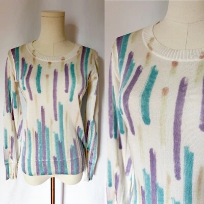 Suéter Tejido Crema Manga Larga Trazo Pintura Azul Púrpura Colorido Años 60 Pequeño Foto 1 de 4