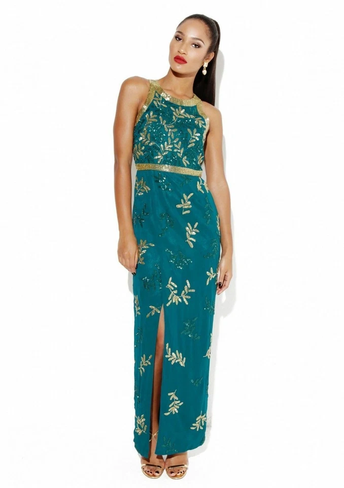 Virgos Lounge Verde Azulado Vestido Maxi Largo Fiesta Boda UK8 EUR36 US4 - Imagen 1 de 4