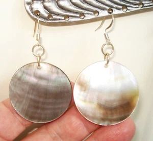 2 3/8" Drop Dangle 1 3/8" Diameter Flat Coin Iridescent Black Lip Shell Earrings - Picture 1 of 9