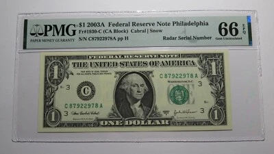 $1 2003 Radar Serial Number Federal Reserve Currency Bank Note Bill PMG UNC66EPQ - Image 1 of 3