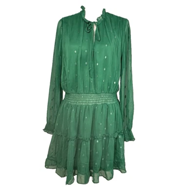 NSR Ruffled Peasant Dress Size XL Green & Gold Smock Long Sleeve Mini Dress - Image 1 of 4