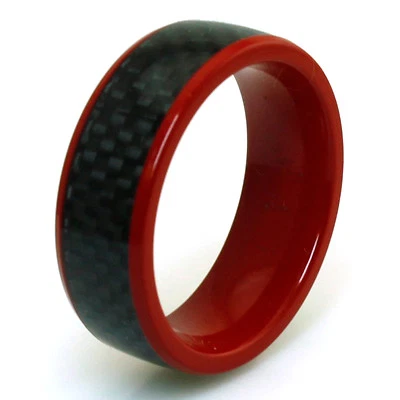 Esmalte rojo titanio con anillo de incrustación de fibra de carbono negro para motociclista 8 mm Foto 1 de 4