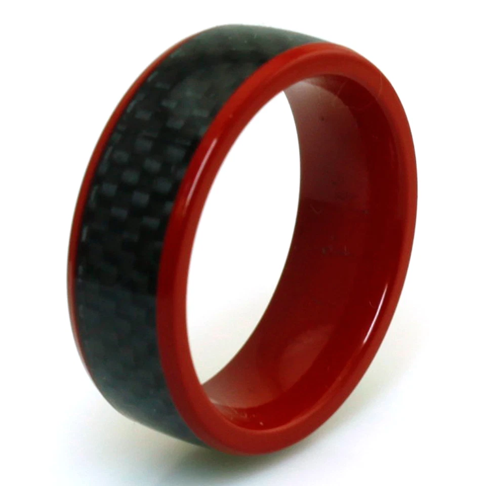 Esmalte vermelho titânio com anel de incrustação de fibra de carbono preto motociclista 8 mm - Imagem 1 de 4
