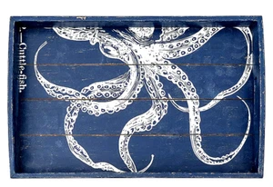 Tablett Servierbrett Oktopus Holz blau weiß Maritim - Bild 1 von 2
