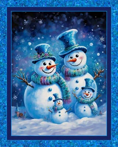 Snow Family Snowmen Panel Cotton Fabric - Picture 1 of 2