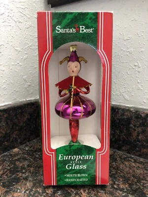 "Bufón de la mejor corte de Santa de vidrio soplado europeo vintage 1996 con adorno de flauta 7""" Foto 1 de 4