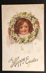 Vintage EMBOSSED POSTCARD A Happy Easter Wreath Girl Flowers 1915 w/ Stamp - Picture 1 of 3