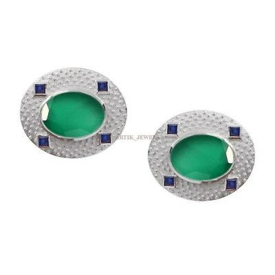 Verde Naturale Onice & Riscaldato Zaffiro Gemma 925 Argento Sterling Gemelli # - Immagine 1 di 3