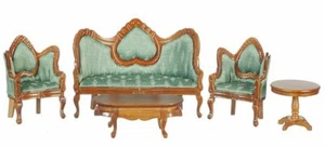 Miniature Dollhouse Walnut & Green Victorian Living Room Set 1:12 Scale New - Picture 1 of 1