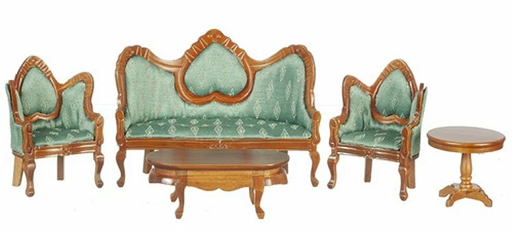 Miniature Dollhouse Walnut & Green Victorian Living Room Set 1:12 Scale New - Image 1 of 1
