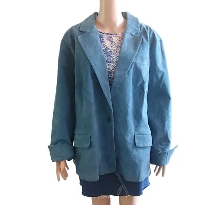 全新 Jessica London 尺寸 26 (22) 蓝绿色麂皮绒皮革夹克外套女式大码 — 第 1/4 张图片